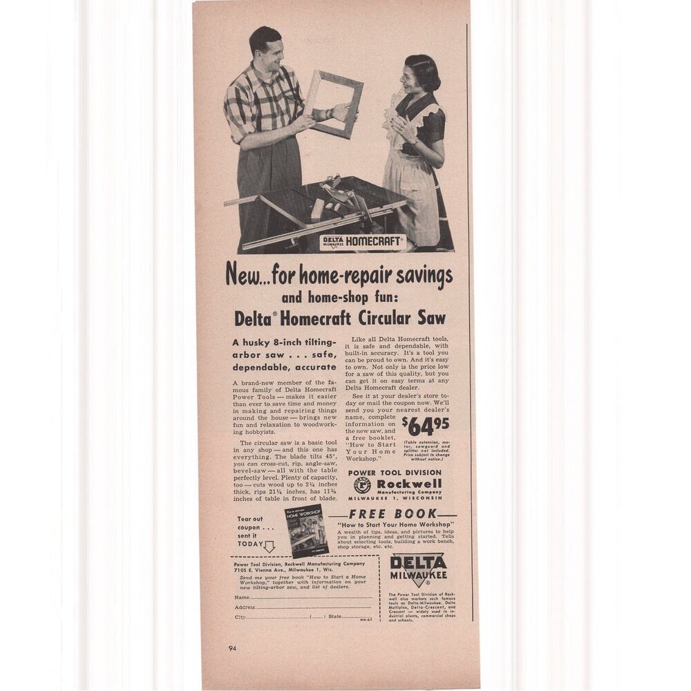 Delta Homecraft Circular Saw Advertisement Vtg 1950s Tools Home Repair Rockwell